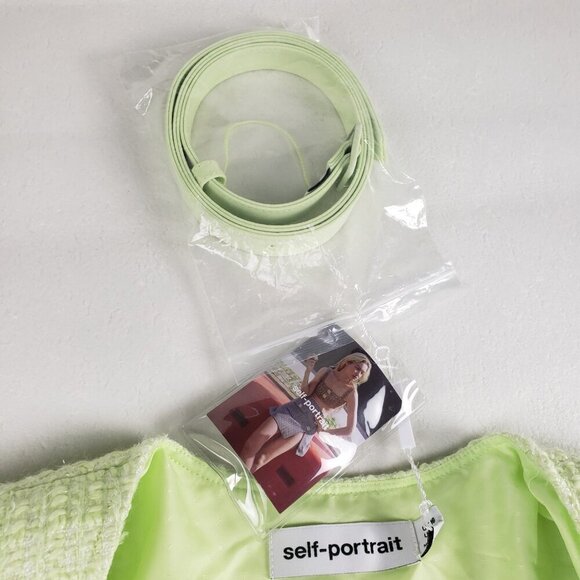 Self Portrait Boucle Chiffon Pleated Midi Dress Womens 6 Lime Tweed Belted NEW - Picture 9 of 16